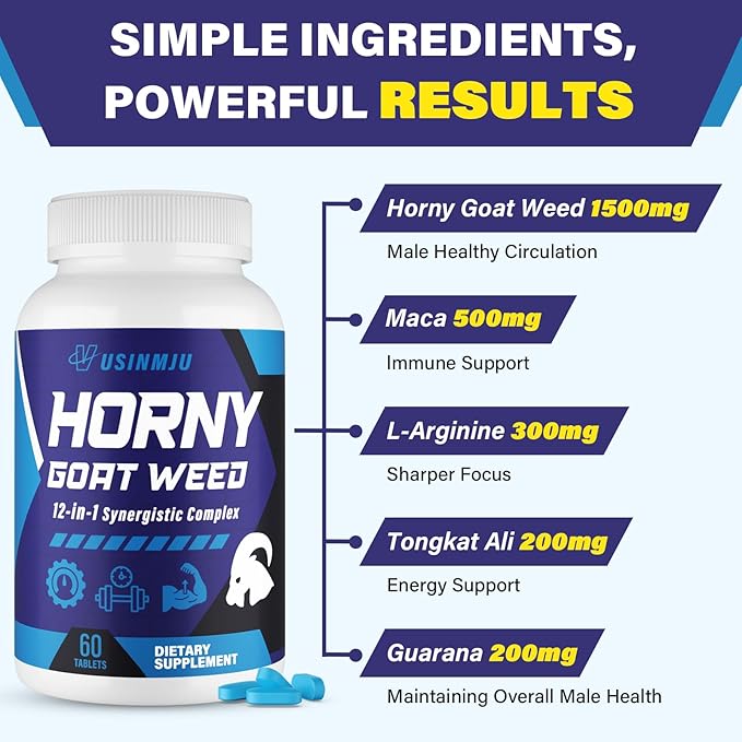 Hornygoatweed for Men 12 In 1 Horny Goat Weed Male Enhancing Supplement with 1500mg Horny goat weed 500mg Maca Root Ginseng Tongkat Ali Ginger for Stamina &amp Energy Max Strength - 60 Tablets