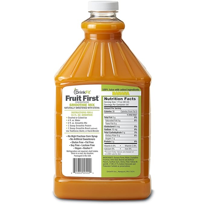 DrinkFit Fruit Smoothie | Real Fruit Puree Low Sugar Gluten:Free &amp Non:GMO Banana Smoothie Mix : Makes 32 Smoothies 64 Fl Oz (Banana)
