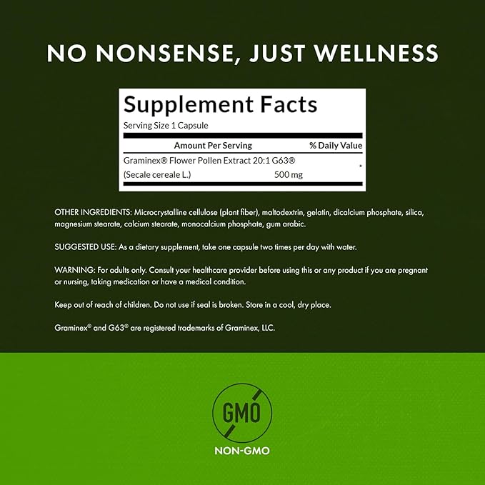 Swanson Maximum Strength Graminex Flower Pollen Extract - Supports Prostate Health Urinary Tract Function and Kidney Health - Mens Health Supplement - (60 Capsules 500mg Each) (2 Pack)
