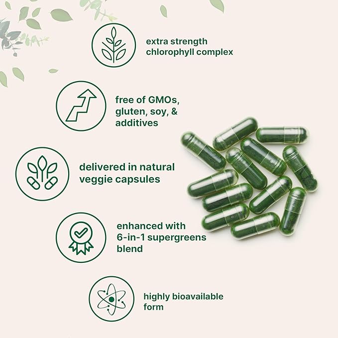 Micro Ingredients Chlorophyll Super Greens Complex | 240 Veggie Capsules with Parsley Moringa Spirulina Chlorella &amp More | Gluten-Free No Additives