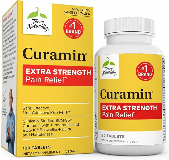 Terry Naturally Curamin Extra Strength - 120 Vegan Tablets - Non-Addictive Pain Relief Supplement with Curcumin from Turmeric Boswellia &amp DLPA - Non-GMO Gluten-Free - 40 Servings