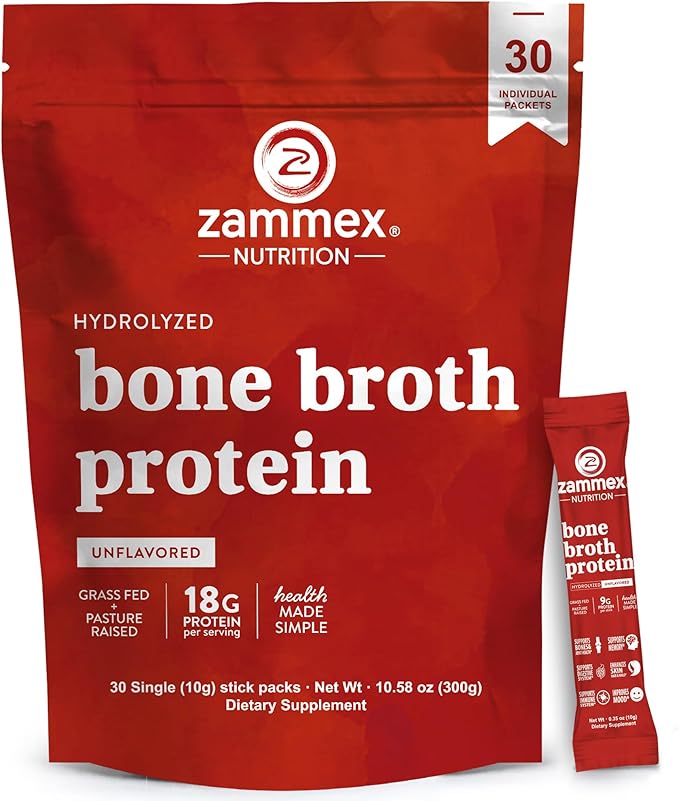 Zammex Bone Broth Packets-18g Collagen Protein-Beef Bone Broth Powder to Go-30 Travel Stick Packets-Supports Skin Nails Joints Gut Health | Gluten-Free |Keto &amp Paleo Friendly (15 Servings)