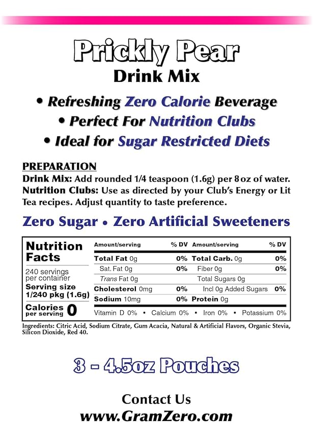 GramZero Prickly Pear Zero Calorie Sugar Free Drink Mix Great For Nutrition Club Loaded Tea Stevia Sweetened