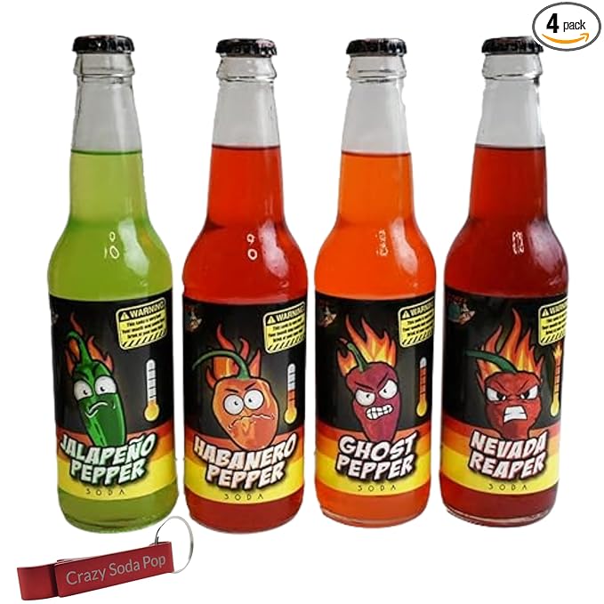 Hot Pepper Sodas | Mixed 4 Pack of Spicy Flavors | Handle the Heat | Real Cane Sugar | Includes Crazy Soda Pop Bottle Opener