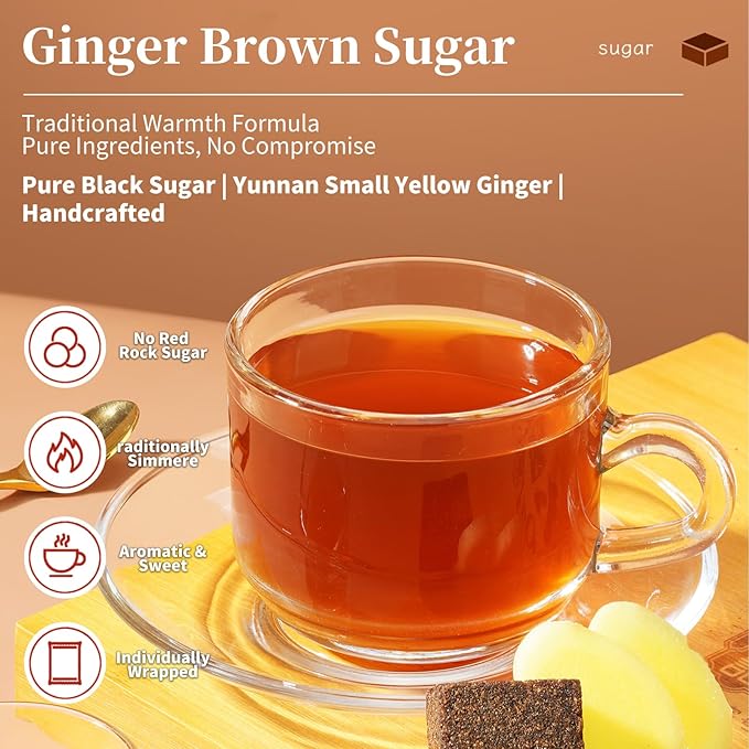 Baihuatang Premium Handmade Ancient Brown Sugar Ginger Tea Traditional Yunnan Handmade Black Sugar Ginger Tea Cubes | 270g | Pure Raw Sugarcane | No Additives | Individually Wrapped | Soothing for Col
