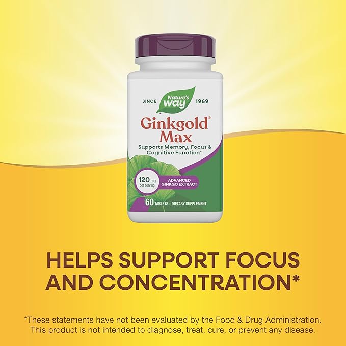 Nature's Way Ginkgold Max Advanced Ginkgo Extract Supports Concentration Cognitive Function* Memory and Focus* Gluten-Free Vegan 60 Vegan Tablets (Packaging May Vary)