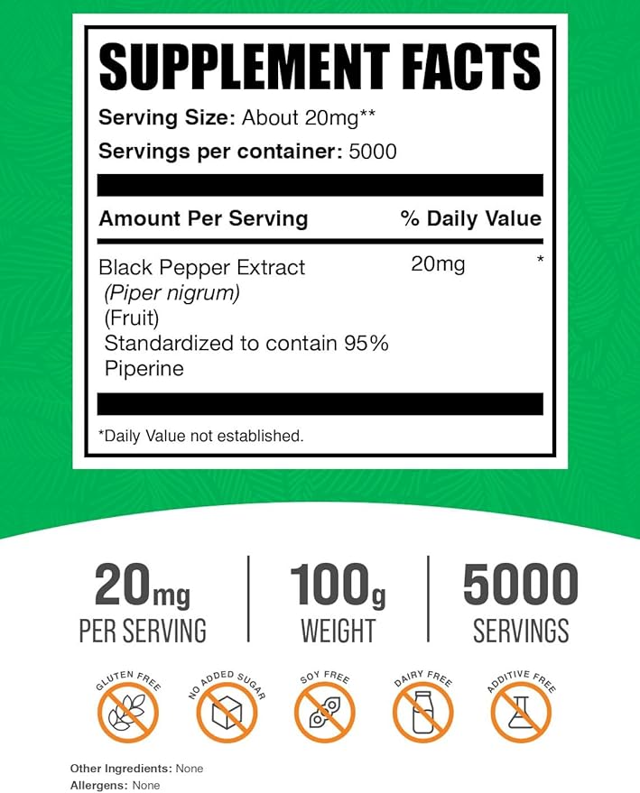 BulkSupplements.com Black Pepper Extract Powder - Black Pepper Supplements Piperine Supplements - Vegan &amp Gluten Free 20mg per Serving 100g (3.5 oz) (Pack of 1)
