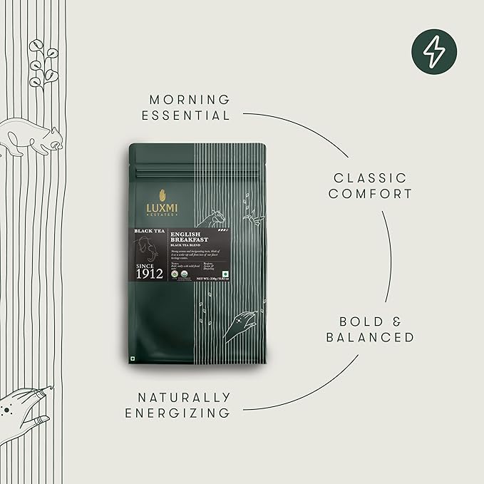 Luxmi Estates English Breakfast Tea 250g Loose Leaf Tin | A Tale of Two Estates | Certified Organic Black Tea leaf | Smooth Flavorful Robust Caffeinated | Darjeeling &amp Assam Tea from India | 12