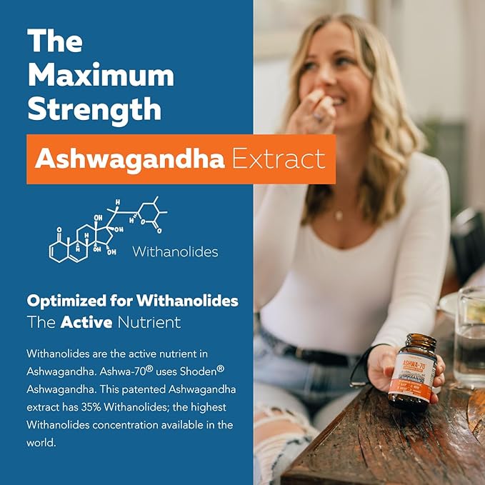Ashwa-70®: Ashwagandha Extract - 35% Withanolides | Max Strength Highest Withanolide Concentration - Mood &amp Performance - Enhanced Absorption with BioPerine® Black Pepper (60 Capsules)