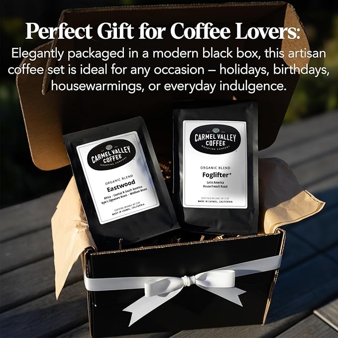 Carmel Valley Coffee Roasting Signature Icons Gift Box Organic Whole Bean Coffee Gift Set Featuring Foglifter® French Dark Roast &amp Eastwood Medium Roast 2 × 12oz Bags