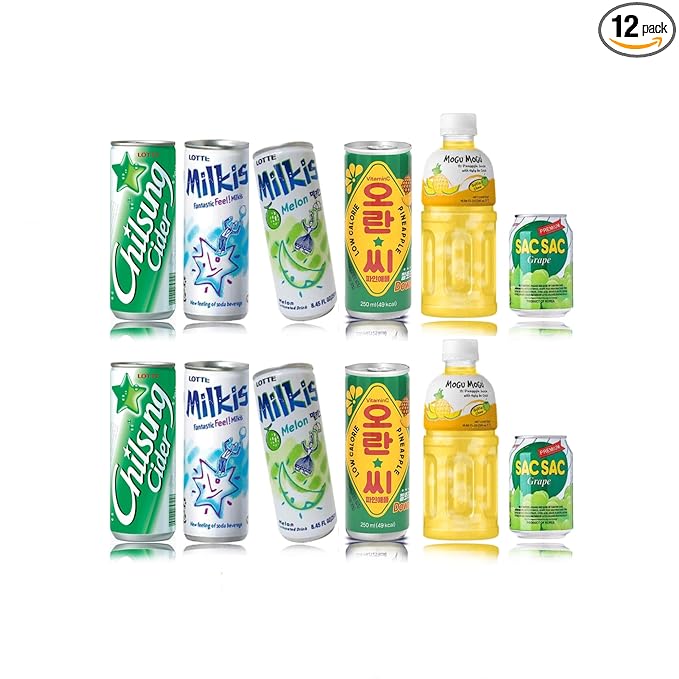 FRKR Korean 10 &amp12 Drinks Assortment Gift Box [Chilsung Cider/Mikis/Demisoda/Banana Milk/McCOL/MoguMogu/2%/SacSac/Etc.] Soft Drinks + Real Fruit Drinks + Energy Drinks (12 Sunny Day)