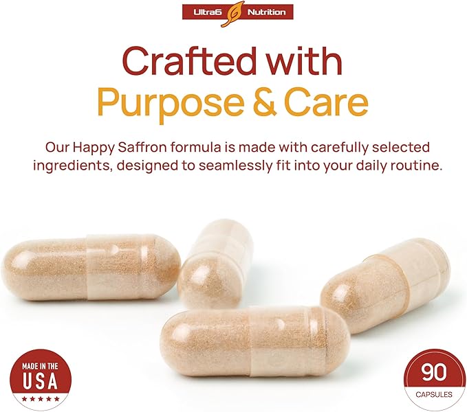 Ultra6 Nutrition Happy Saffron Supplements - 100% Pure Saffron Extract Supplement for Eye Health Support - Mood Enhancer for Women &amp Men (Pack of 2)