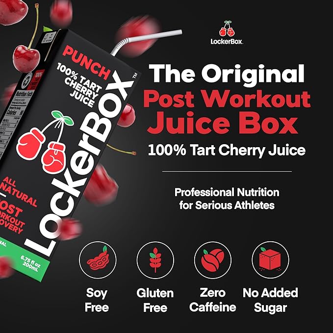 LockerBox PUNCH 100% Tart Cherry Juice Box (40 Pack) 6.75 oz | Organic Workout Recovery Drink | Natural Sleep Support | Sugar Free Zero Caffeine | Grab-and-Go Juice Boxes for Athletes &amp Teams