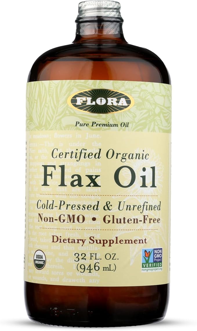 Flora - Flax Oil - Cold-Pressed Unrefined Organic Flax Seed Oil - Contains Omega-3 &amp Omega-6 - Non-GMO &amp Gluten-Free - Keep Chilled - 32 fl. oz. Amber Glass Bottle