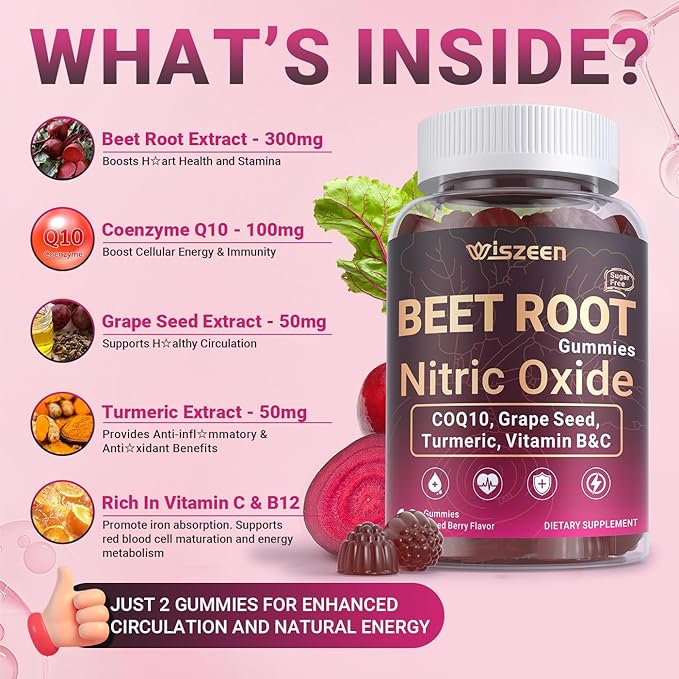 Beet Root Gummies Nitric Oxide Supplements for Men &amp Women with COQ10 Turmeric Extract Vitamin C &amp B12 Vegan Non-GMO Sugar Free 120 Cts