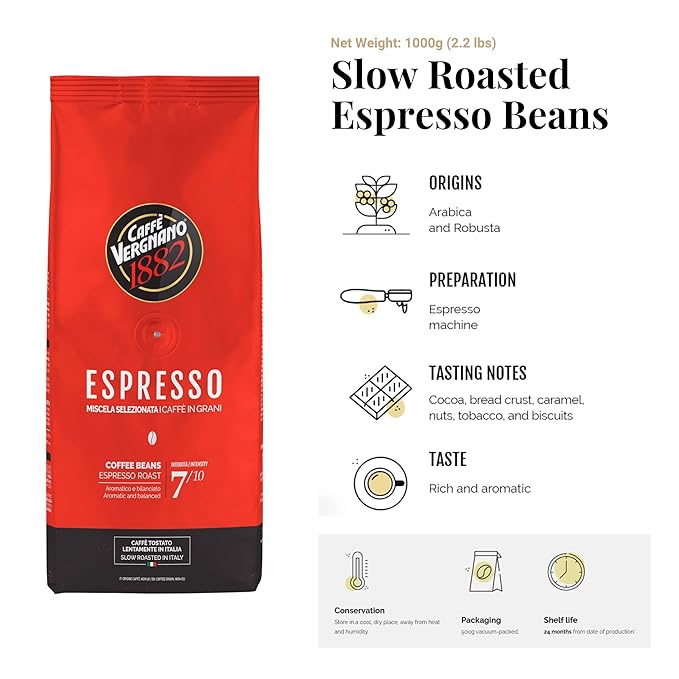 Caffe Vergnano Espresso Beans Large 2.2lb Bag - Medium Roast Arabica Robusta Coffee Beans Chocolate &amp Caramel Notes - Perfect for Expresso Machine Moka Pot French Press Drip Coffee Maker