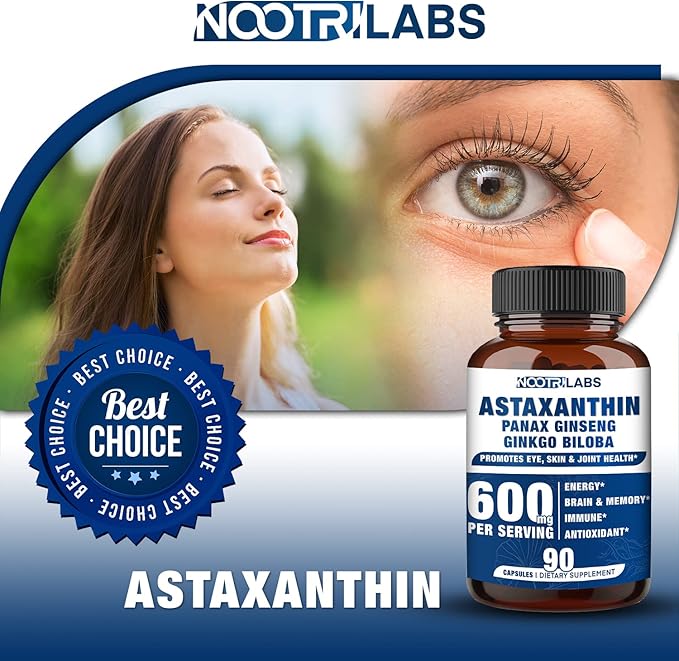 Astaxanthin 15mg + Panax Ginseng Ginkgo Biloba Supplements 90 Vegan Capsules Promotes Eye Health Energy Cardiovascular Support + Immune Defense and Focus