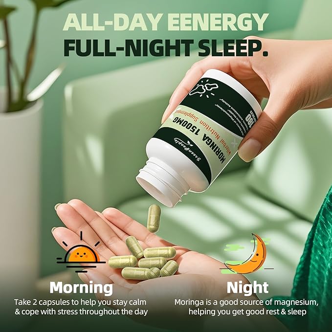 GREENPEOPLE Whole-Leaf Moringa Capsules 1500mg - High Potency 10:1 Moringa Oleifera Leaf Extract - Natural Green Superfood for Energy &amp Immune Support - Vegan Non-GMO Caffeine Free - 180 Count