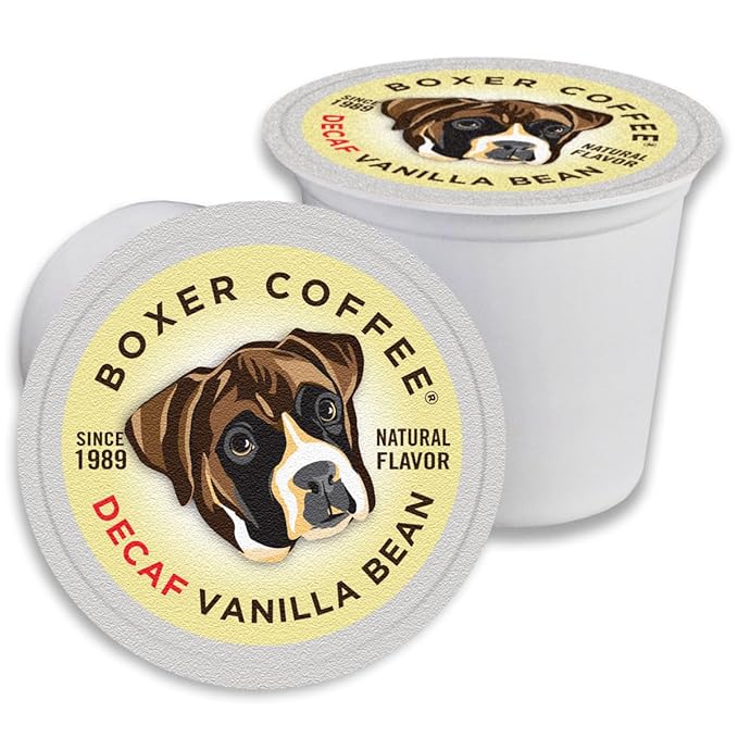 Boxer Coffee Swiss Water Process Decaf Vanilla Single Serve Pods 48ct – Naturally Flavored Medium Roast Coffee Pods – Specialty Grade Artisan – Compatible with Keurig K-Cup Brewers