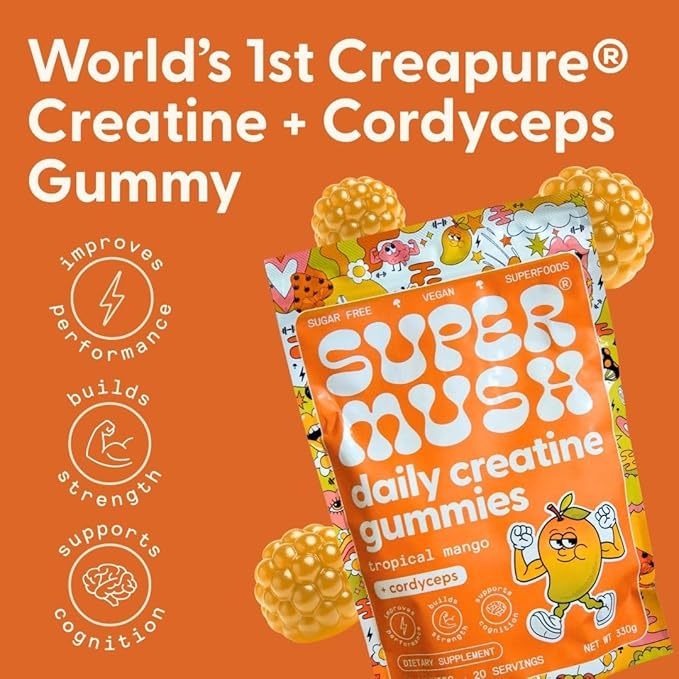SuperMush Daily Creatine Gummies with Cordyceps - Daily Superfood - Sugar Free Creatine Monohydrate Supplement for Strength Focus and Recovery – Vegan Gummy Formula Mango Flavor 20-Day Supply
