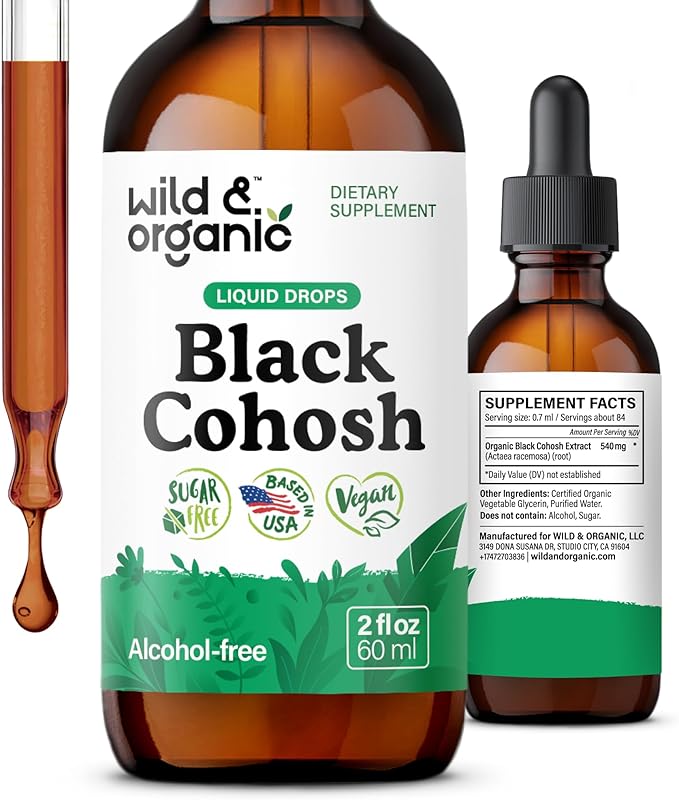 Wild &amp Organic Black Cohosh Supplements Women - Menopause &amp Perimenopause Support - 540 mg Natural Black Cohosh Tincture - Add to Tea Liquid Drops - 2-Month Supply - Vegan Sugar &amp Alcohol