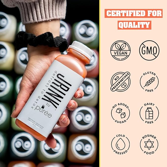 JRINK by Purée Organic Grapefruit Juice Cold Pressed Raw Fruit Cleanse Healthy Detox with No Preservatives Organic Juice Cleanse in HDPE Bottles Grape Citrus Beverage 16oz Pack of 18