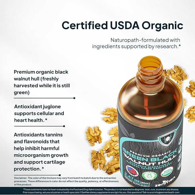 Zenmen Organic Green Black Walnut Hull Tincture - Highly Potent Formula Source of Antioxidants - 2.37 fl oz / 60ml Vegan Manufactured in The USA