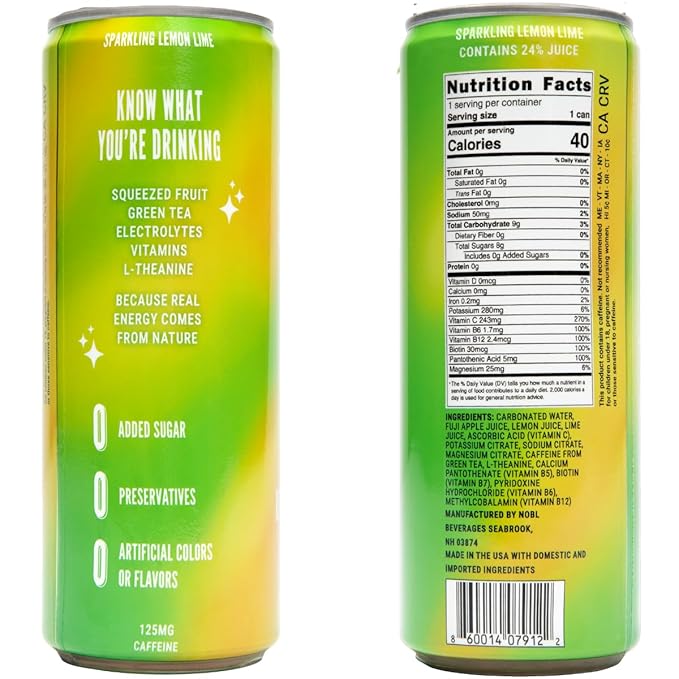 LivReal Clean Energy Drink – Organic Green Tea Caffeine 125mg + L-Theanine 100mg – Real Fruit No Sweeteners or Flavorings – Vitamin C &amp B Complex – Sparkling Lemon Lime Water 12 Pack 12 fl oz
