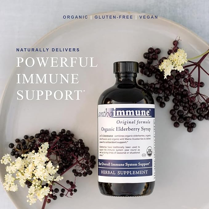 Organic Elderberry Syrup - Anthoimmune - Immune Support Supplement for Adults and Kids- USDA Organic Ultra-Premium Black Elderberry Formula (4 oz) 24 Servings