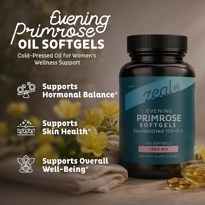 Zeal Naturals Evening Primrose Oil Softgels (Liquid Capsules) 1300mg 150 Softgels | Evening Primrose Oil for Women | Hormone Support &amp Skin Health | Standardized 10% GLA