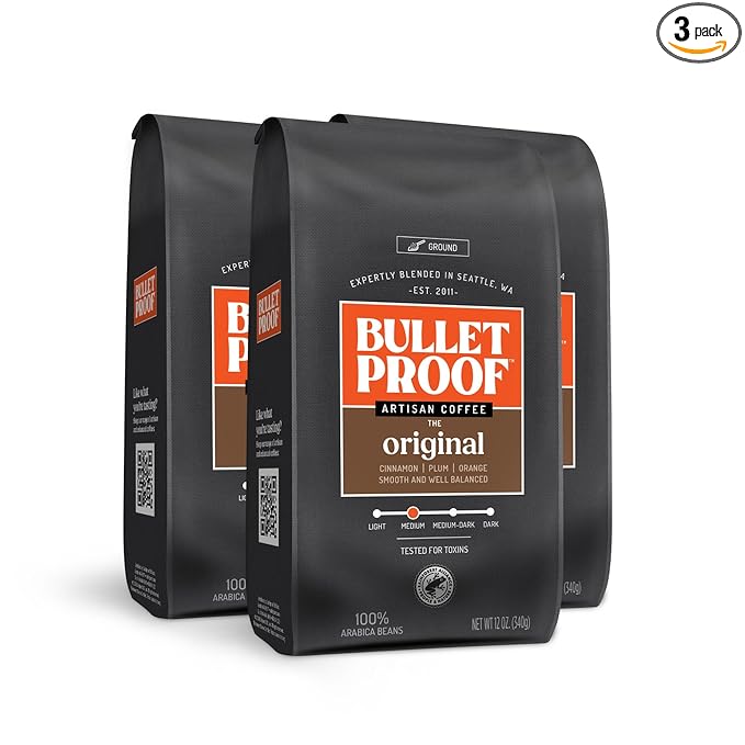 Bulletproof Original Medium Roast Ground Coffee 100% Arabica Coffee Tested for Toxins Clean Coffee Sustainably Sourced 12 Ounces (3 Pack)
