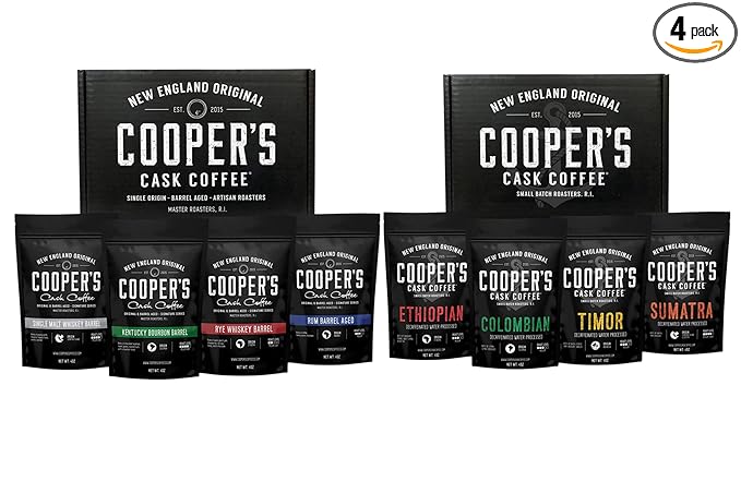 Decaffeinated Gourmet Coffee Sampler Gift Box Set - Whole Beans - 4-Pack - 4oz and Bourbon Barrel Aged Coffee Whole Bean Set - 4-Pack - 4oz