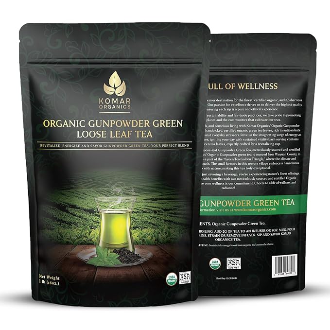 Komar Organics Gunpowder Green USDA Organic Green Tea 16Oz Loose Leaf Deep Smokey Flavor 1 LB Ideal for Energy Boost Antioxidants