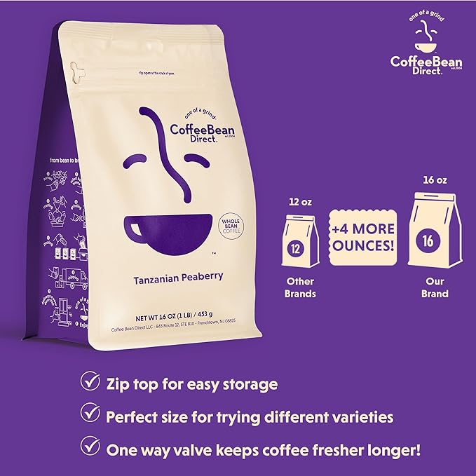 Coffee Bean Direct Tanzanian Peaberry Whole Bean Coffee Single Origin Arabica Coffee Light Roast 1 Pound Bag (Pack of 1)