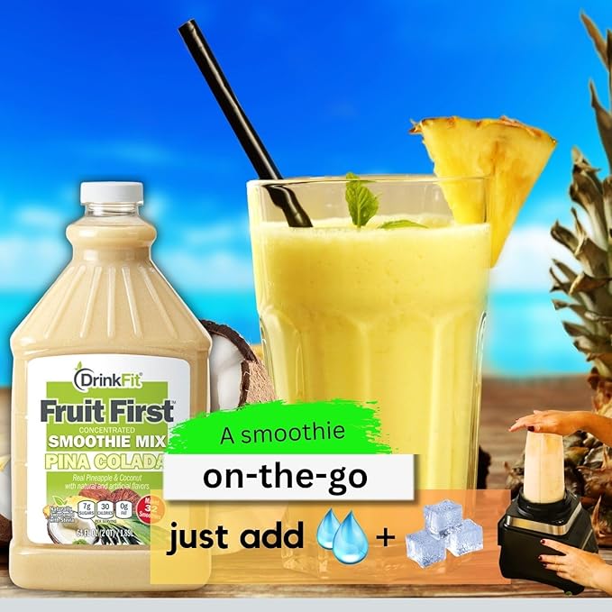 DrinkFit Fruit Smoothie | Real Fruit Puree Low Sugar Gluten:Free &amp Non:GMO Pina colada Smoothie Mix : Makes 32 Smoothies 64 Fl Oz with Dispensing Pump (Pina Colada)
