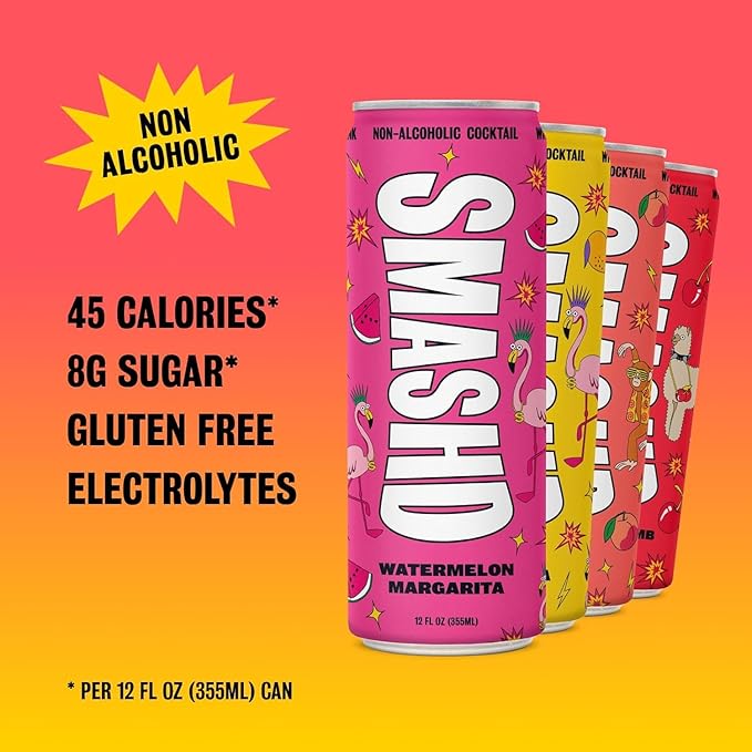 SMASHD Party All Day Non-Alcoholic Cocktail Variety Pack 8 x 12 fl oz Cans | Ready-to-Drink Mocktails | Low Calorie Low Sugar Low Carb | 45 Calories per Can | Gluten Free with Electrolytes