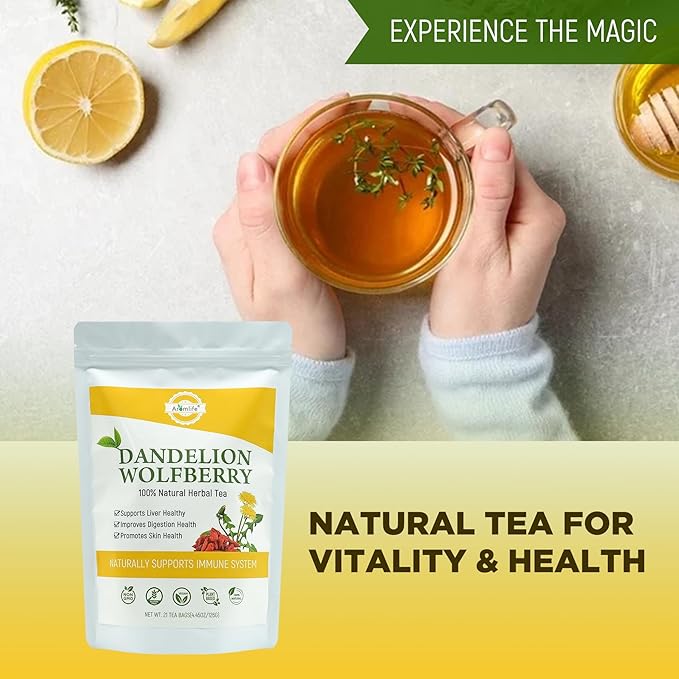 Aromlife Natural Dandelion Wolfberry Tea 5 Pack Herbal Blend with Goji Berry Dandelion Root Milk Thistle &amp Chrysanthemum Caffeine-Free Floral Citrus Herbal 21 Bags Per Pack