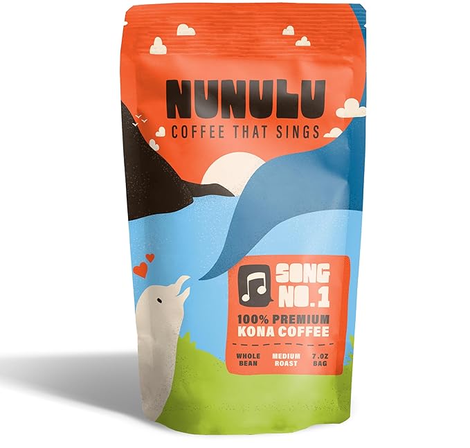 Nunulu Coffee That Sings - 100% Kona Whole Bean Coffee - Medium Roast - 100 Percent Pure Hawaiian Kona Beans - 7 Oz