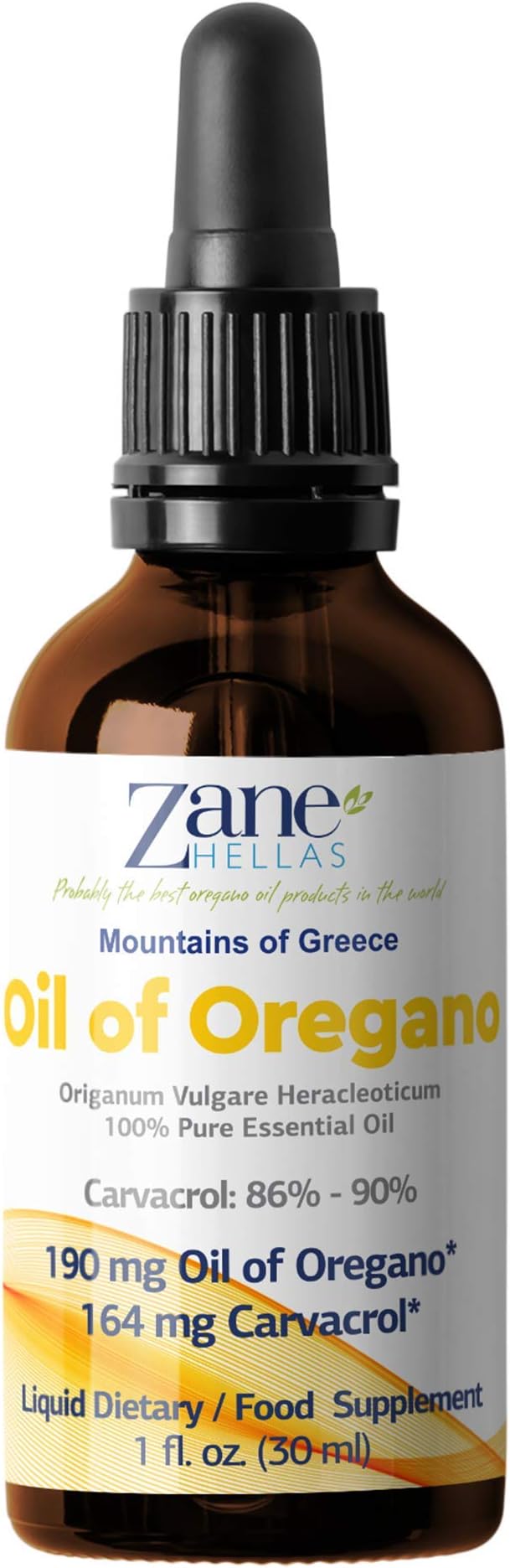 Zane Hellas 190 mg Oregano Oil-164 mg Carvacrol per Serving-4 Drops Daily. 100% Greek Undiluted Oil of Oregano. 86%-90% Min Carvacrol. Probably The Best Oregano Oil in The World. 1 fl. oz.- 30ml