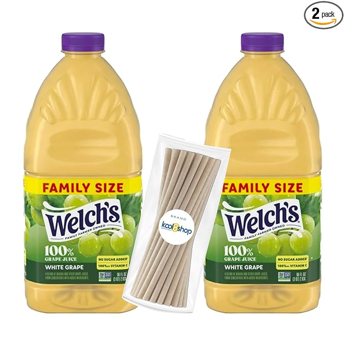 Welch's 100% White Grape Juice Drink 96 fl oz Plastic Bottle 2 Pack + 15 Sugarcane Disposable Straws by Kool8shop Infinite Deals