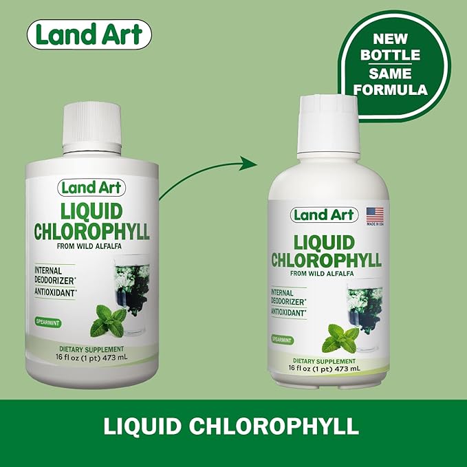 Land Art - Liquid Chlorophyll Mint – Cold-Extracted from Wild Non-GMO Alfalfa – Natural Clorofila Liquida – Antioxidant - Detox Supplement – Boost Energy – Alkalizing &amp Body Odor Neutralizer – 16