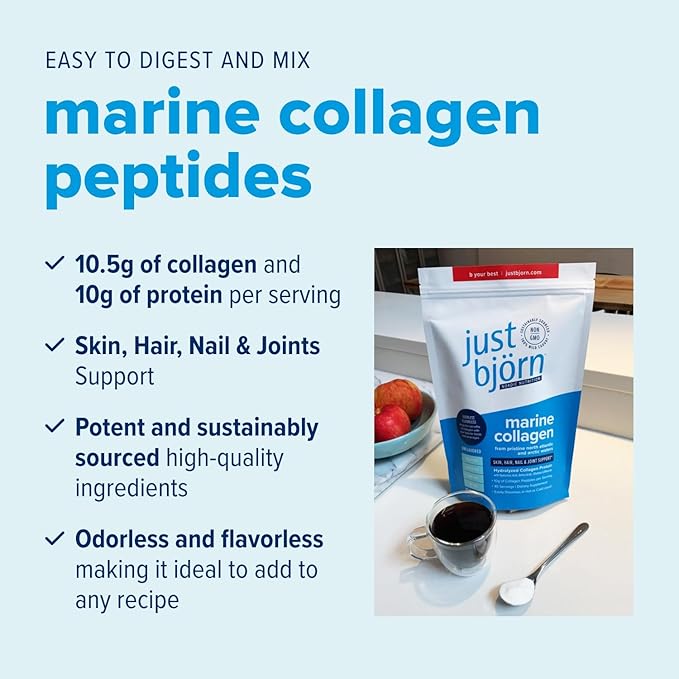 Just Bjorn Marine Collagen Peptides Powder for Women &amp Men - Skin Hair Nail and Joint Support - Hyaluronic Acid Vitamin C Amino Acids - Unflavored (30 Servings / 11.5 Ounce/Pack of 2)