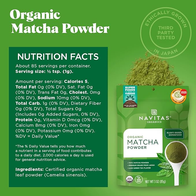 Navitas Organics Matcha Powder – For Tea Lattes Smoothies Desserts &amp More – Energy &amp Antioxidants – Premium Culinary Grade – USDA Organic Non GMO Gluten Free Kosher Vegan (3oz. Bag 85 S