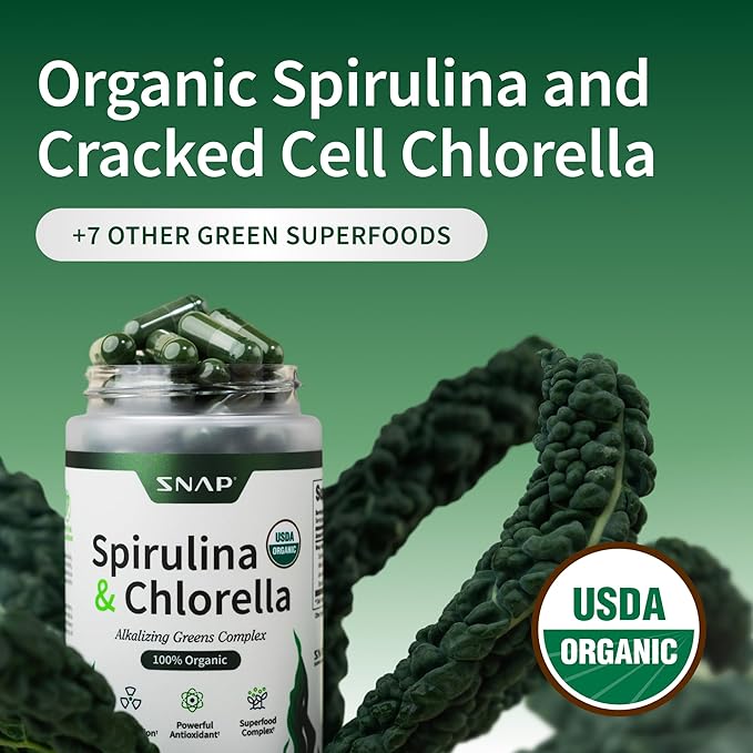 Snap Supplements Organic Spirulina and Chlorella - Protein Rich Blue Green Algae Superfood Supplement for Energy and Immune Support 120 Vegetarian Capsules (30 Servings 1 Month Supply)
