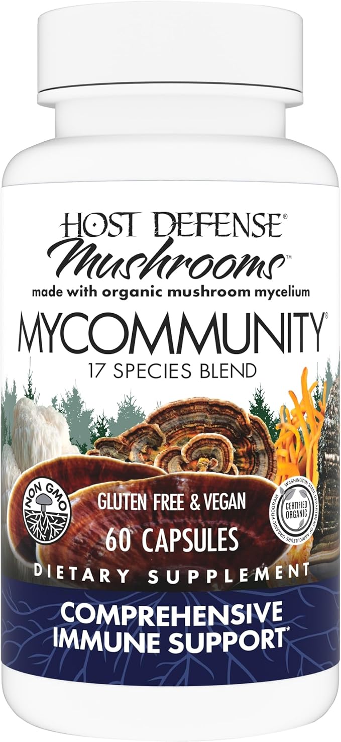 Host Defense MyCommunity Capsules - 17 Species Blend Mushroom Supplement for Immune Support - Herbal Aid with Lion's Mane Reishi. Chaga Cordyceps Turkey Tail &amp More - 60 Capsules (30 Servings)*