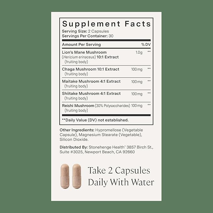 Stonehenge Health Dynamic Mushrooms 1400 mg – 5 Mushroom Complex (Lion’s Mane Reishi Chaga Maitake Shiitake) – 100% Fruiting Bodies Nootropic – Brain Memory Focus &amp Immune Support – 60 Cap