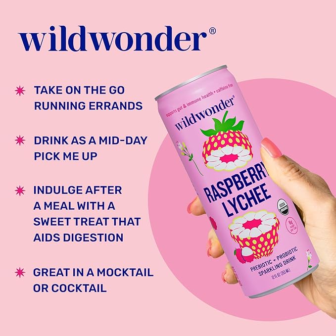 NEW! wildwonder Sparkling Probiotic Drink 12pk For Gut Health &amp Immune Support Raspberry Lychee 5g Prebiotic Fiber Live Probiotics Organic Vegan Low Sugar 12 Pack 12oz Can Seen on Shark