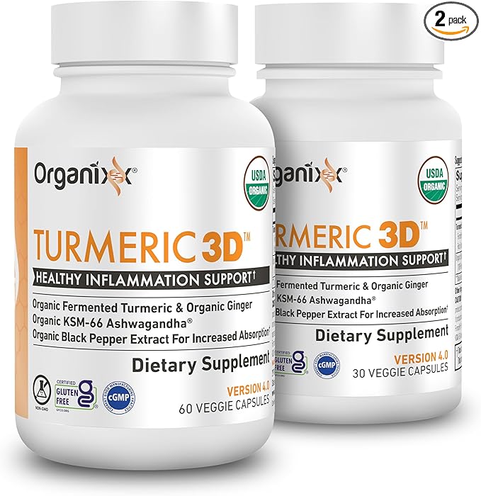 Organixx USDA Organic Turmeric Curcumin Supplement with Ashwagandha Vitamin D Turmeric &amp Ginger – Fermented for Maximum Bioavailability 60 Count + 30 Count