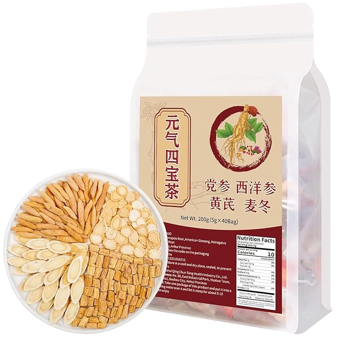 CHADUO Four Treasures Tea with Astragalus american ginseng Ophiopogon Codonopsis Root Ginseng Tea Natural Tired Relief 40bags/7.05oz 黄芪 麦冬 西洋参 党参 元气四宝茶