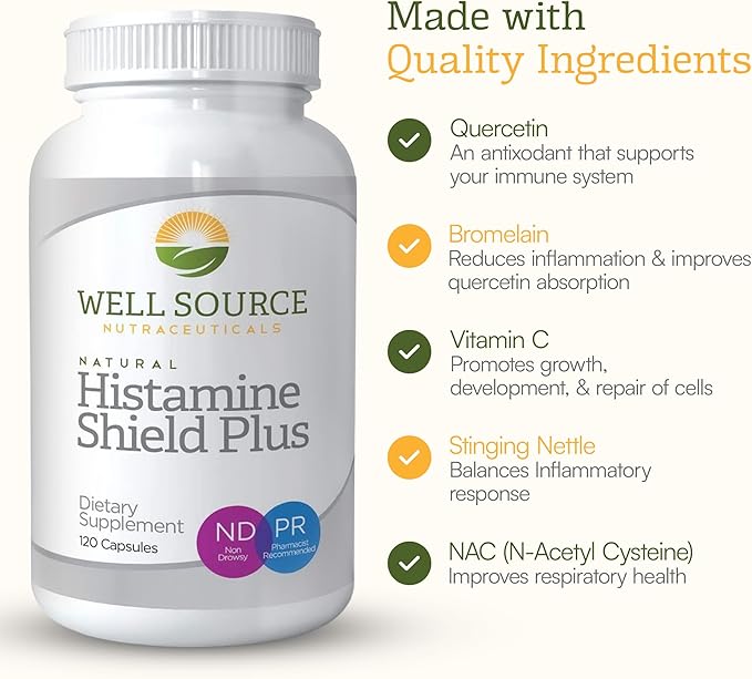 Histamine Shield Plus™ Natural Antihistamine Supplement for Adults Sinus &amp Allergy Relief for Pollen Pet Dander Dust Mold and Odors Quercetin with Bromelain &amp Stinging Nettle 120 Capsule